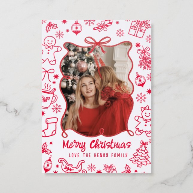 Whimsical Christmas Doodle Photo Card (Front)