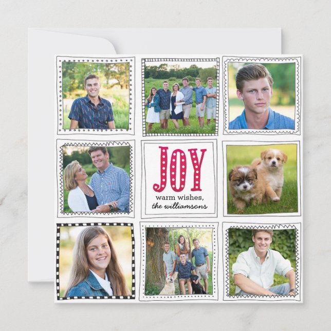 Whimsical Christmas Doodled Joy Photo Collage Holiday Card (Front)