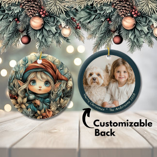 Whimsical Christmas Elf Customizable Ceramic Ornament