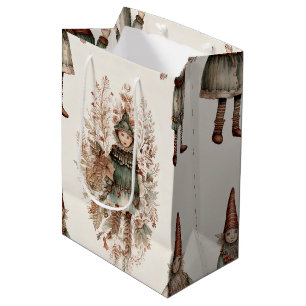 Whimsical Christmas Elf Folk Art Cream Green Red Medium Gift Bag