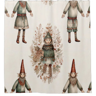Whimsical Christmas Elf Folk Art Cream Green Red Shower Curtain
