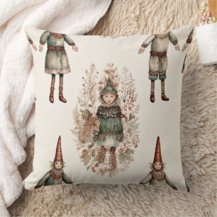 Whimsical Christmas Elf Folk Art Cream Green Red Throw Pillow