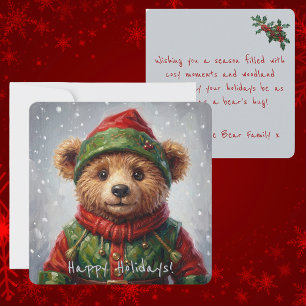 Whimsical Christmas Elf Teddy Bear Painterly Style Holiday Card