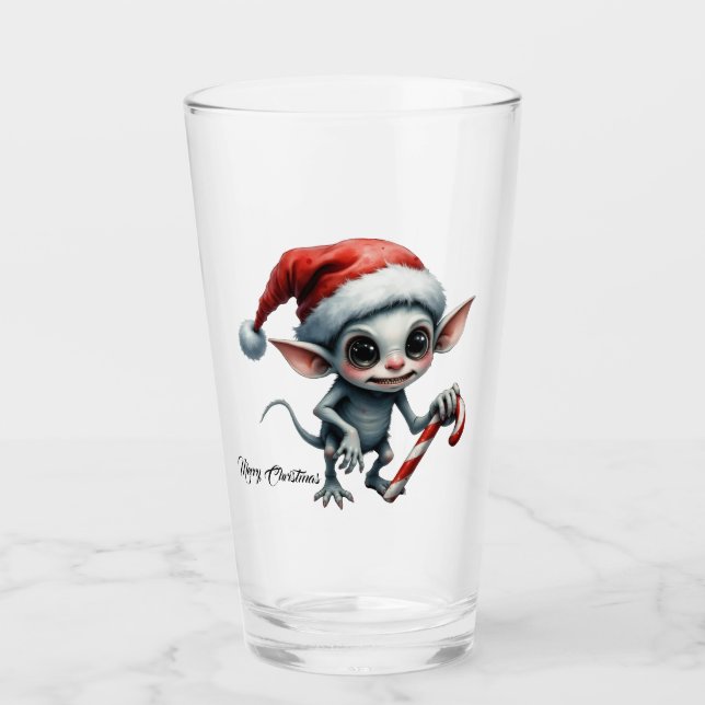 Whimsical Christmas Elf with Candy Cane.  Glass (Front)