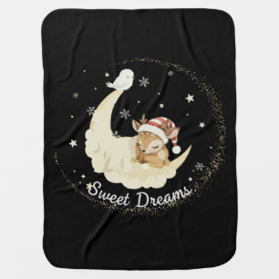 Whimsical Christmas Fawn Sleeping on Moon Sweet  Baby Blanket