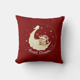 Whimsical Christmas Fawn Sleeping on Moon Sweet Throw Pillow