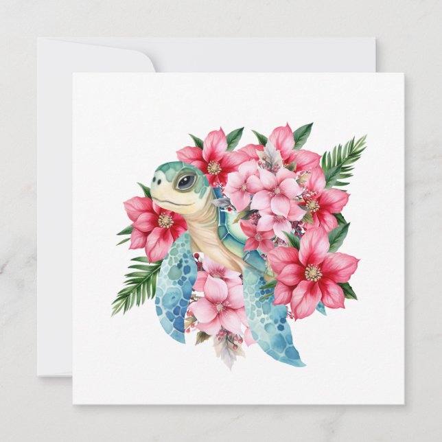 Whimsical Christmas Floral Sea Turtle Note Card (Front)