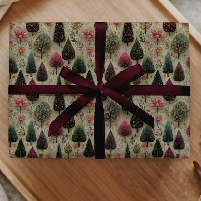 Whimsical Christmas Folk Art Tree Pattern Gift Wrapping Paper (Creator Uploaded)
