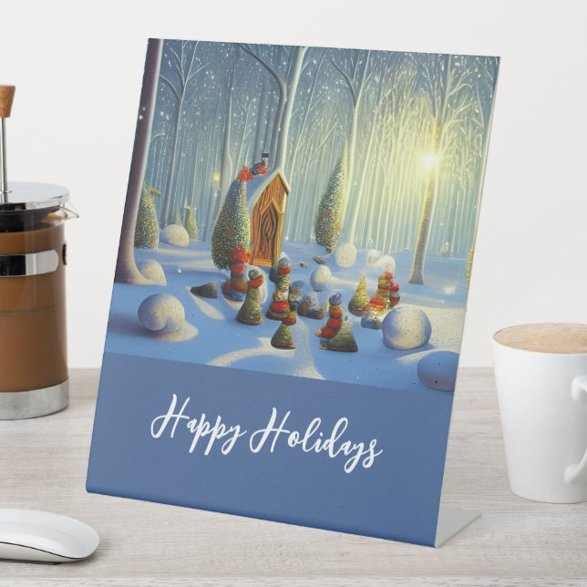 Whimsical Christmas Forest Scene Customizable Pedestal Sign (In SItu)