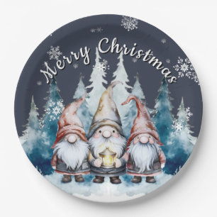 Whimsical Christmas Gnome Family Party Blue Paper Plates