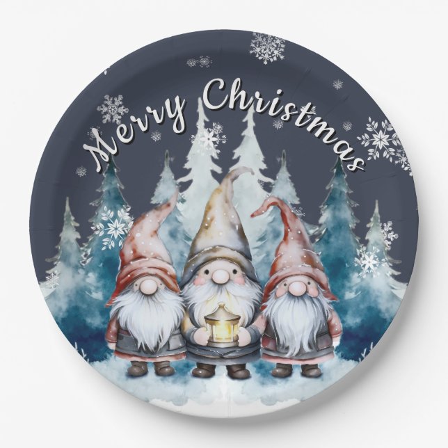 Whimsical Christmas Gnome Family Party | Blue Paper Plates (Front)