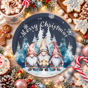 Whimsical Christmas Gnome Family Party Blue Paper Plates