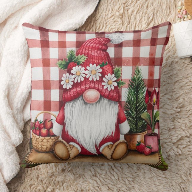 Whimsical Christmas gnome Red checkered pattern Throw Pillow (Blanket)