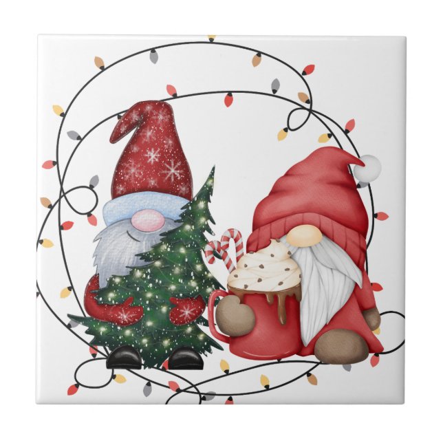 Whimsical Christmas Gnomes Ceramic Tile (Front)