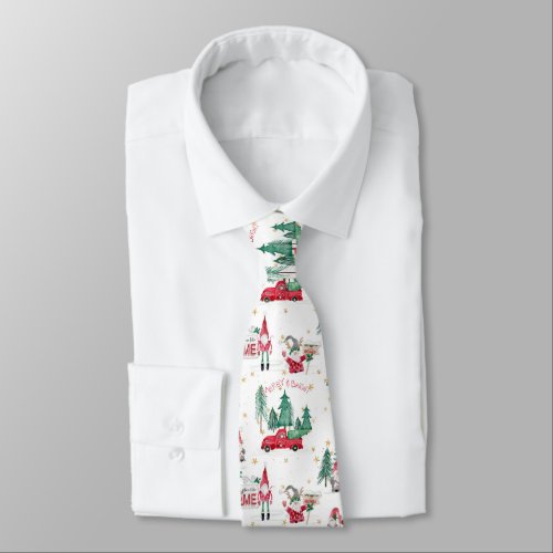 Whimsical Christmas Gnomes Elves Red Farm Truck Neck Tie