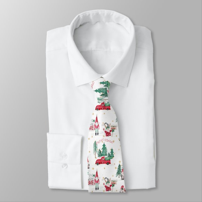 Whimsical Christmas Gnomes Elves Red Farm Truck Neck Tie (Tied)