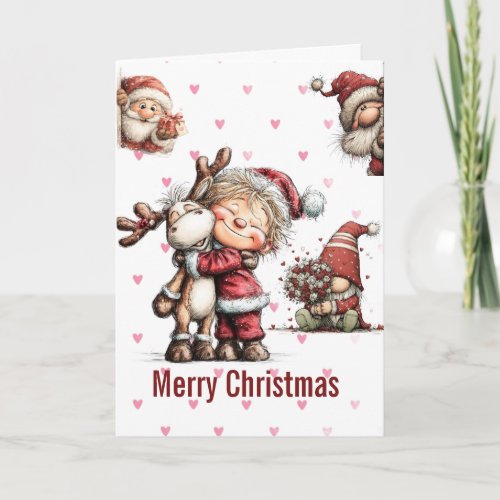 Whimsical Christmas Gnomes Reindeer Cute Holiday Card