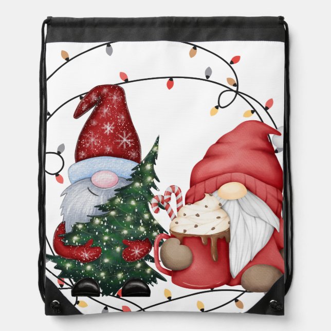 Whimsical Christmas Gnomes Scandinavian Holiday  Drawstring Bag (Front)