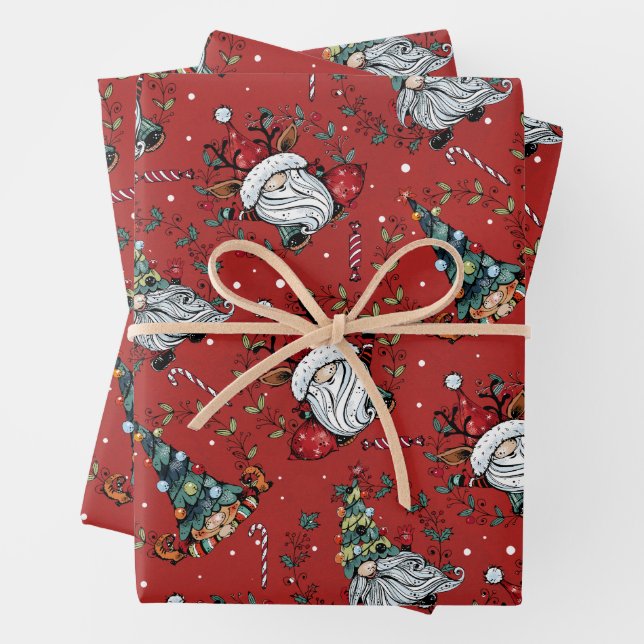 Whimsical Christmas Gnomes Wrapping Paper Sheets (In situ)