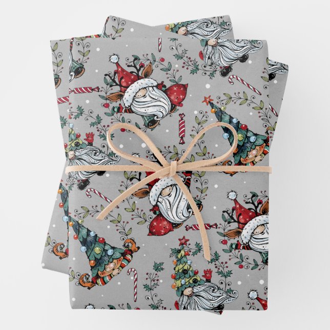 Whimsical Christmas Gnomes Wrapping Paper Sheets (In situ)