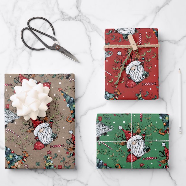 Whimsical Christmas Gnomes Wrapping Paper Sheets (Front)