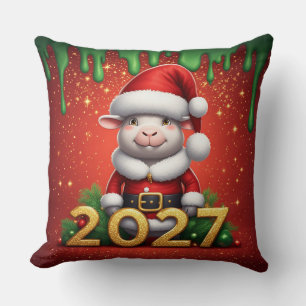 Whimsical Christmas Goat with Wreath & Santa Hat Throw Pillow