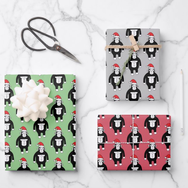 Whimsical Christmas Gorillas Wrapping Paper Sheets (Front)