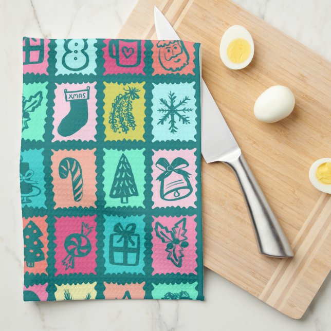 Whimsical Christmas Grid Cute Bright Holiday Kitchen Towel (Quarter Fold)