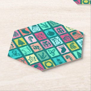 Whimsical Christmas Grid Cute Bright Holiday Paper Coaster