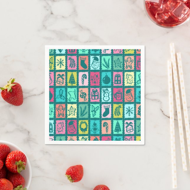 Whimsical Christmas Grid Cute Bright Holiday Paper Napkins (Insitu)