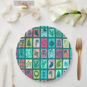 Whimsical Christmas Grid Cute Bright Holiday Paper Plates