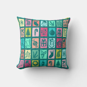 Whimsical Christmas Grid Cute Bright Holiday Throw Pillow