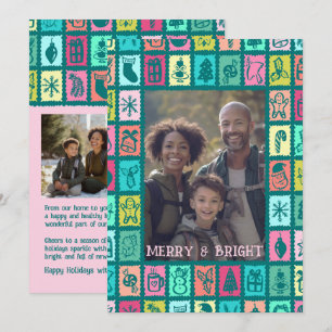 Whimsical Christmas Grid Cute Custom 3 PHOTO Holiday Card