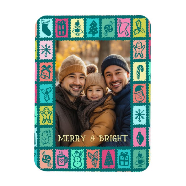Whimsical Christmas Grid Cute Custom Photo  Magnet (Vertical)