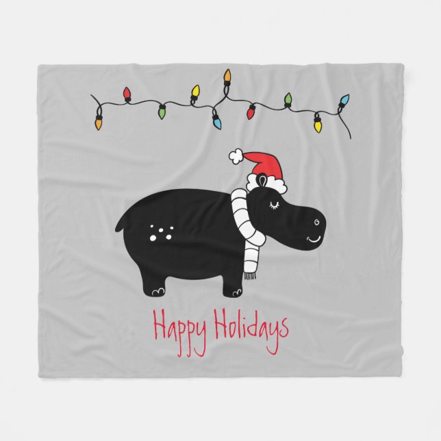 Whimsical Christmas Hippo Fleece Blanket (Front (Horizontal))