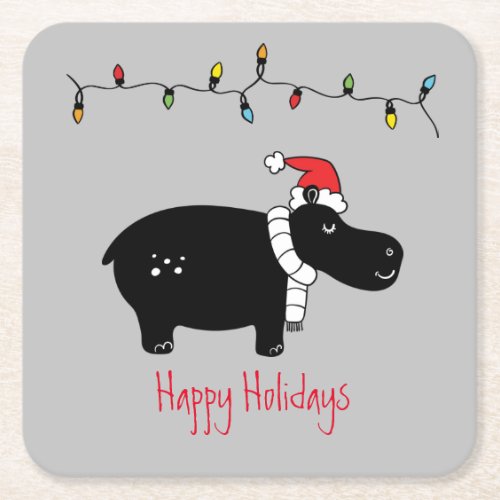 Whimsical Christmas Hippo Square Paper Coaster