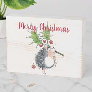 Whimsical Christmas Holly Hedgehog Wooden Box Sign