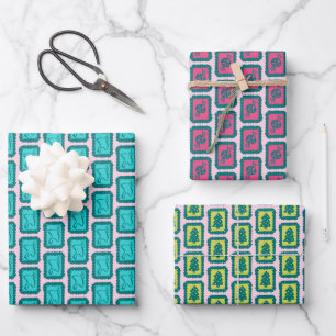 Whimsical Christmas Icon Grids Cute Bright Holiday Wrapping Paper Sheets