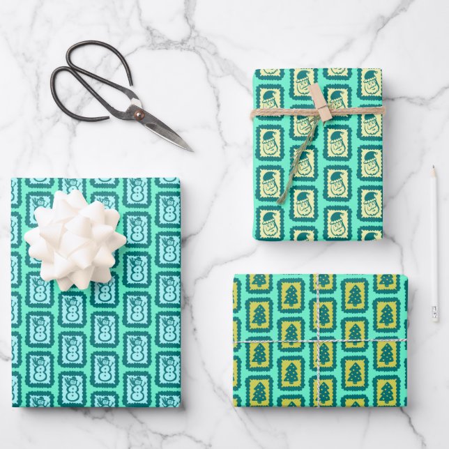 Whimsical Christmas Icon Grids Cute Bright Holiday Wrapping Paper Sheets (Front)