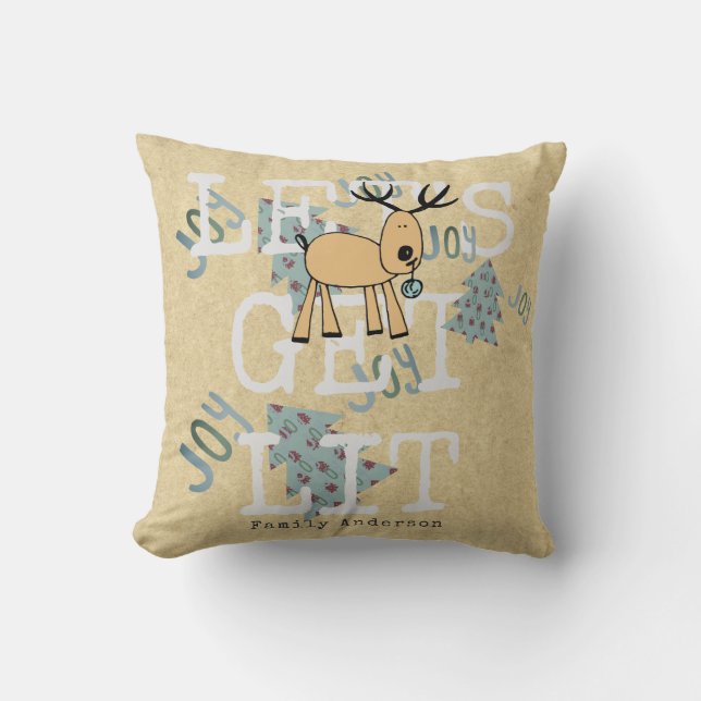 Whimsical Christmas Lets Get Lit Reindeer Decor Throw Pillow (Front)