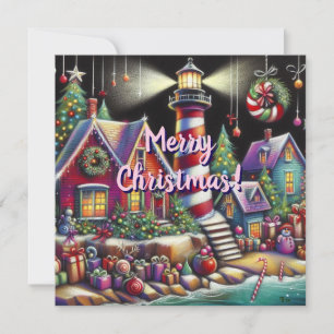 Whimsical Christmas Lighthouse Holiday Card