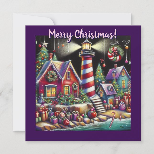 Whimsical Christmas Lighthouse Personalized Card (Front)