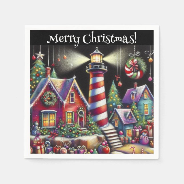 Whimsical Christmas Lighthouse Personalized Napkins (Front)