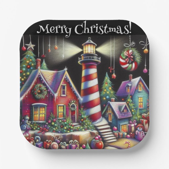 Whimsical Christmas Lighthouse Personalized Paper Plates (Front)
