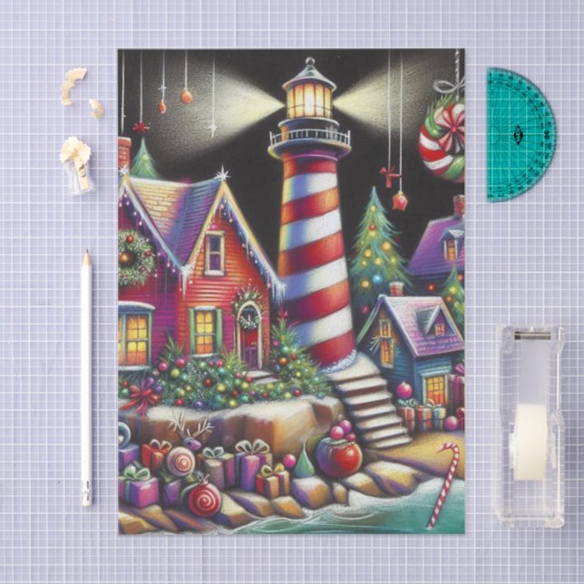 Whimsical Christmas Lighthouse Purple Decoupage Tissue Paper (Craft)