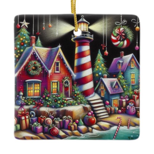 Whimsical Christmas Lighthouse Red Pink Purple  Ceramic Ornament