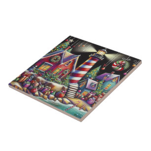 Whimsical Christmas Lighthouse Red Pink Purple  Ceramic Tile