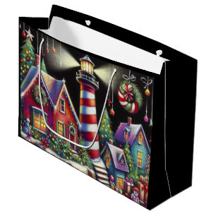 Whimsical Christmas Lighthouse Red Pink Purple Large Gift Bag