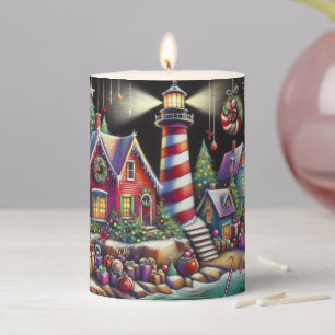 Whimsical Christmas Lighthouse Red Pink Purple Pillar Candle