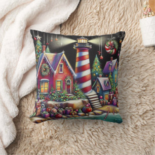 Whimsical Christmas Lighthouse Red Pink Purple Throw Pillow